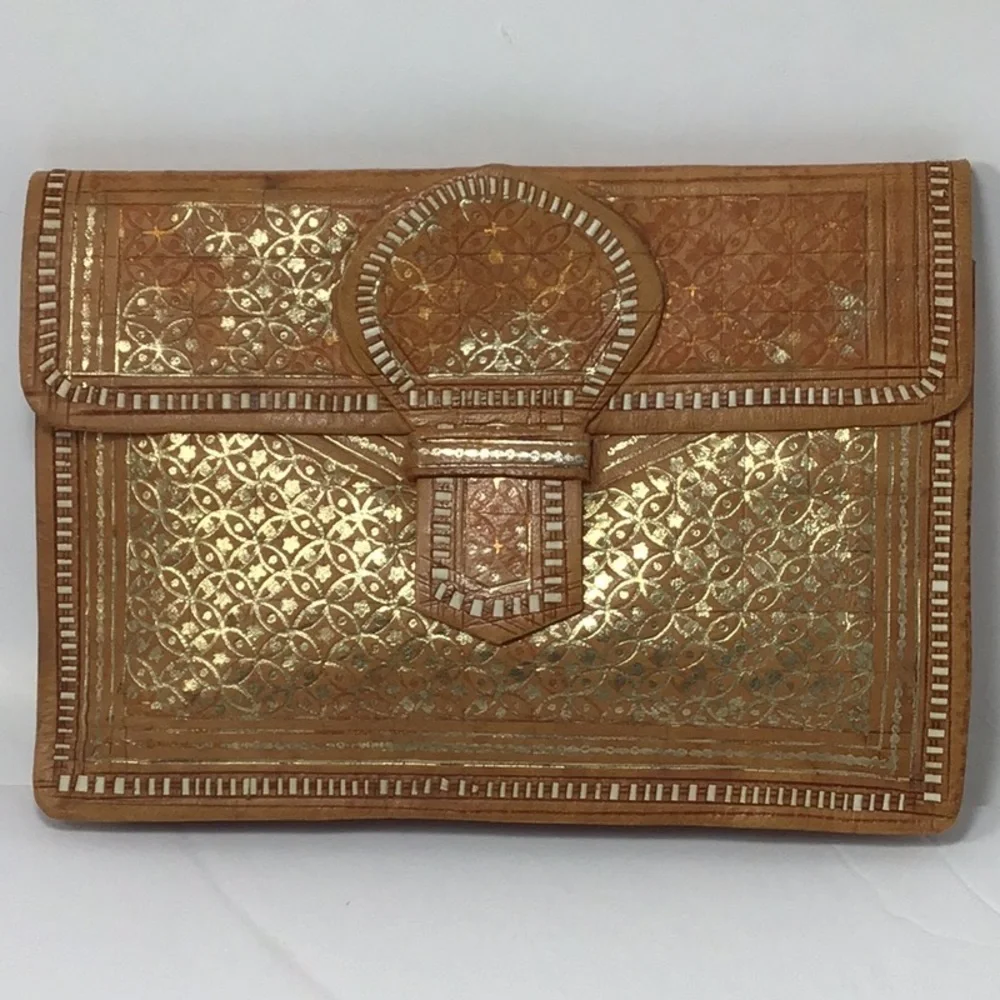 Vintage Moroccan Hand-Tooled Tooled Leather Gold Leaf Clutch & Wallet.